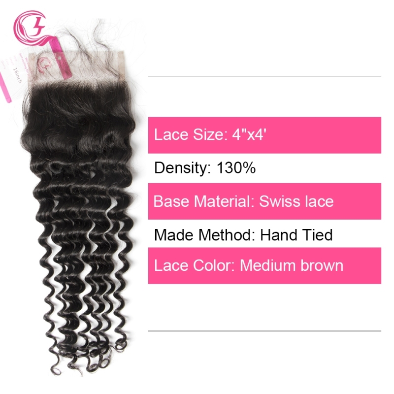 Virgin Hair of Deep Curl  4X4 closure Natural black color 130 density For Medium High Marke