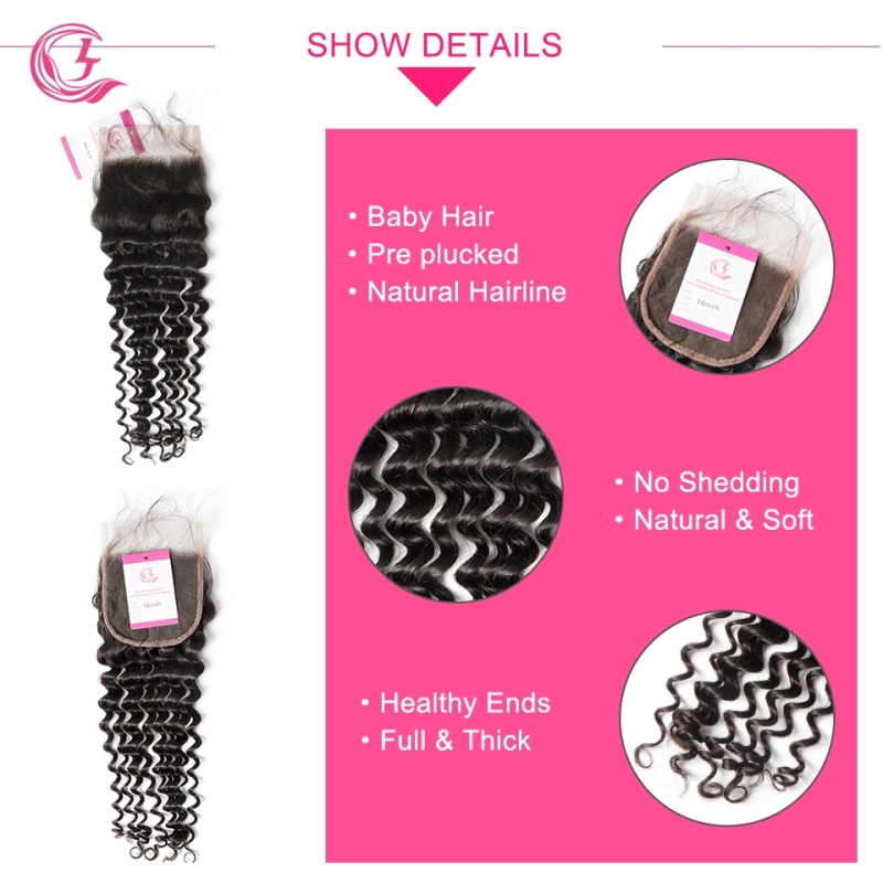 Virgin Hair of Deep Curl  4X4 closure Natural black color 130 density For Medium High Marke