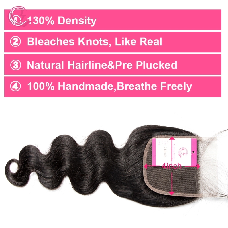 Virgin Hair of Indian Wave 4X4 closure Natural black color 130 density For Medium High Marke