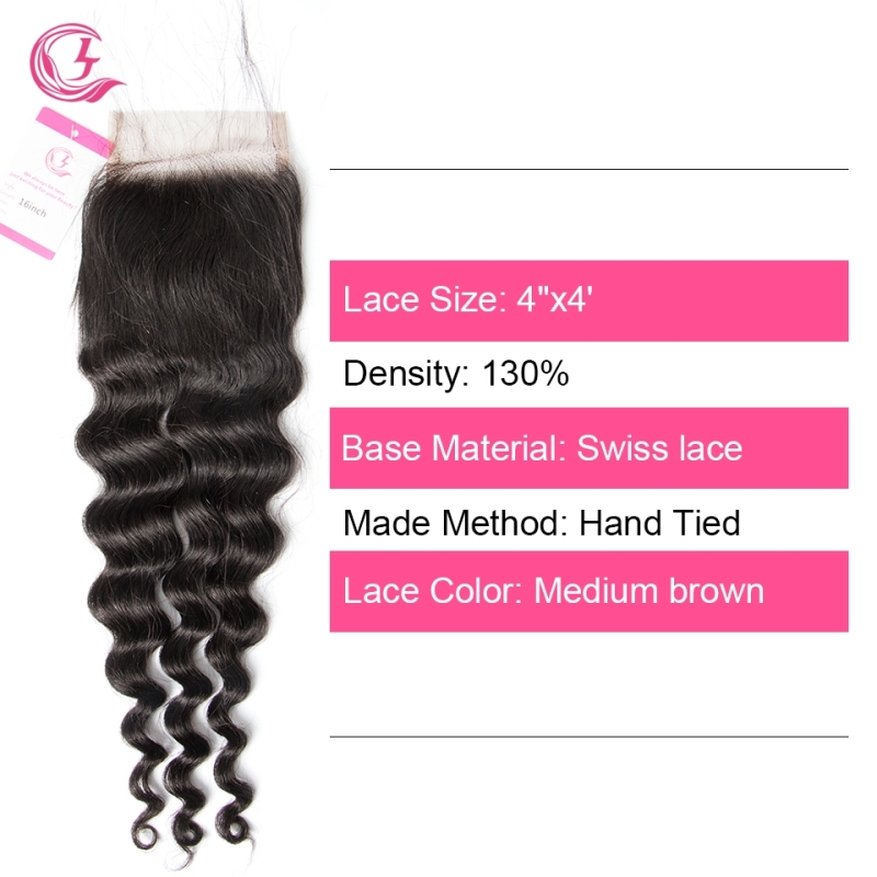 Virgin Hair of Ocean Wave  4X4 closure Natural black color 130 density For Medium High Marke