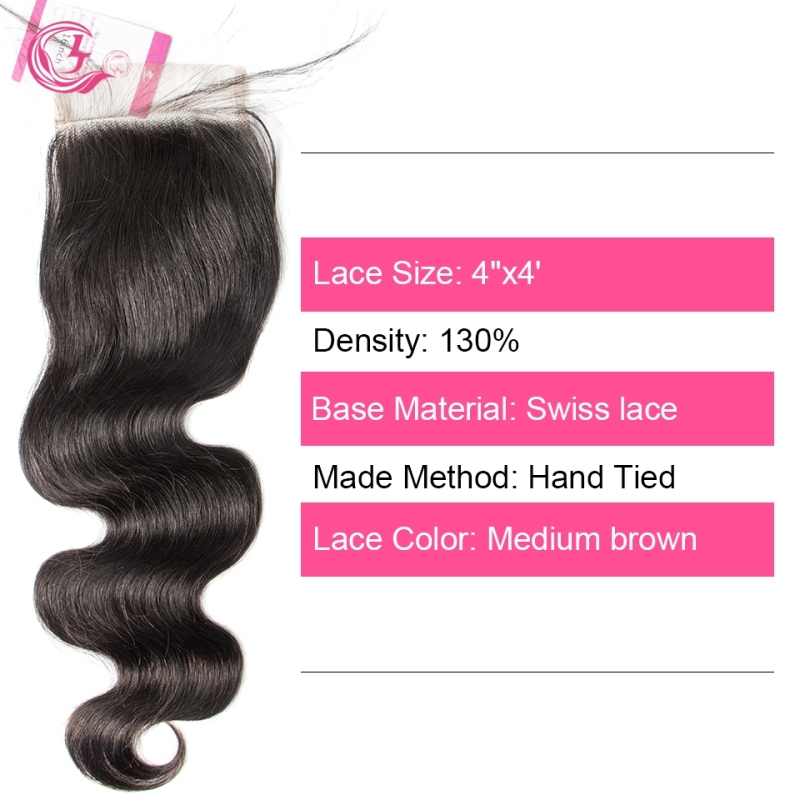 Unprocessed Raw Hair Body Wave 4x4 Closure Natural Color Medium Brown 130 density