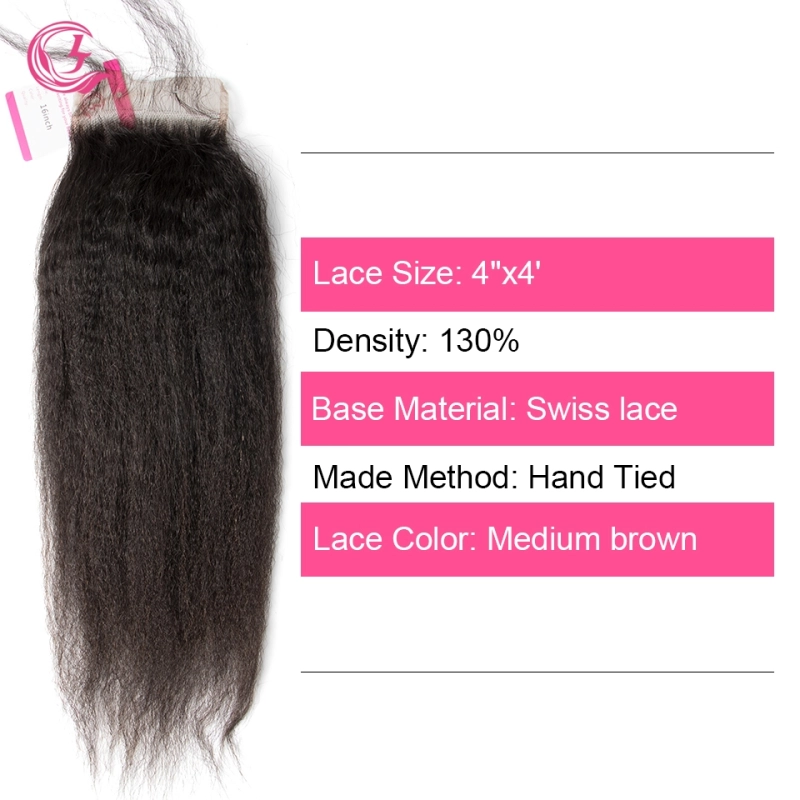 Unprocessed Raw Hair Yaki Straight 4x4 Closure Natural Color Medium Brown 130 density