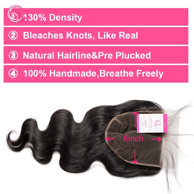 Unprocessed Raw hair Body Wave  6x6 Closure Natural Color Medium Brown 130 density