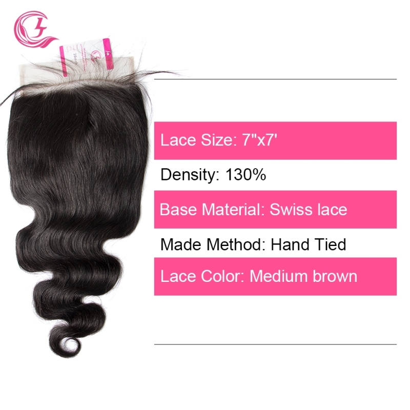 Virgin hair  Body Wave  7x7 Closure Natural Color Medium Brown 130 density