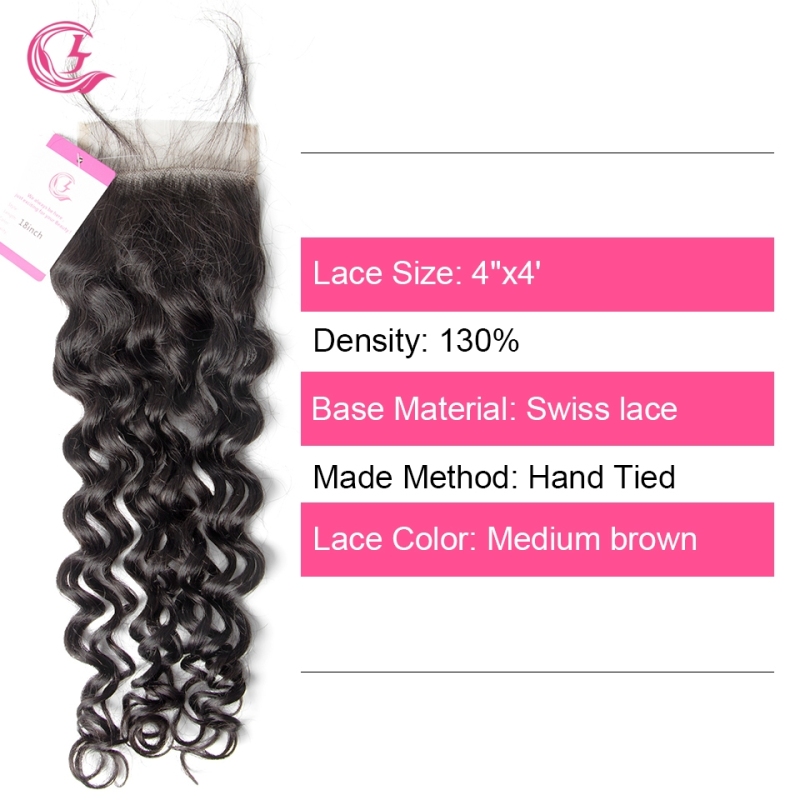 Virgin Hair of French Wave 4X4 closure Natural black color 130 density For Medium High Marke