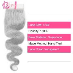 Virgin Hair of Body wave 4X4 closure Gray# 130% density With Transparent Lace For Medium High Market