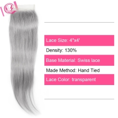 Virgin Hair of Straight 4X4 closure Gray# 130% density With Transparent Lace For Medium High Market