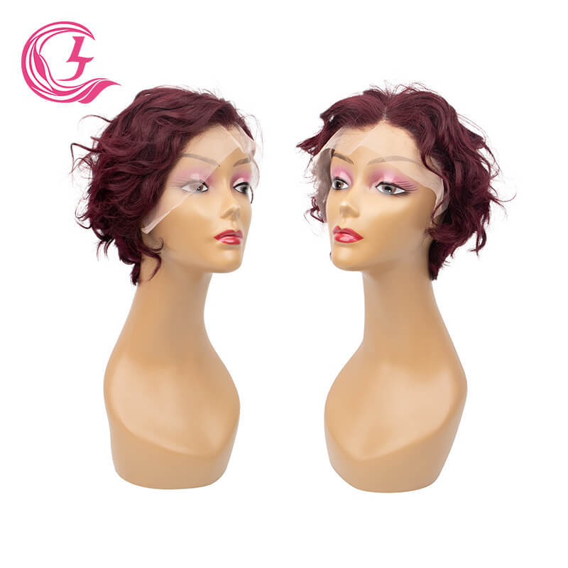 Cljhair Unprocessed 13X4 Pixie Cut Wigs Transparent Lace Front #99J Color Peruvian Hair For Medium High Market