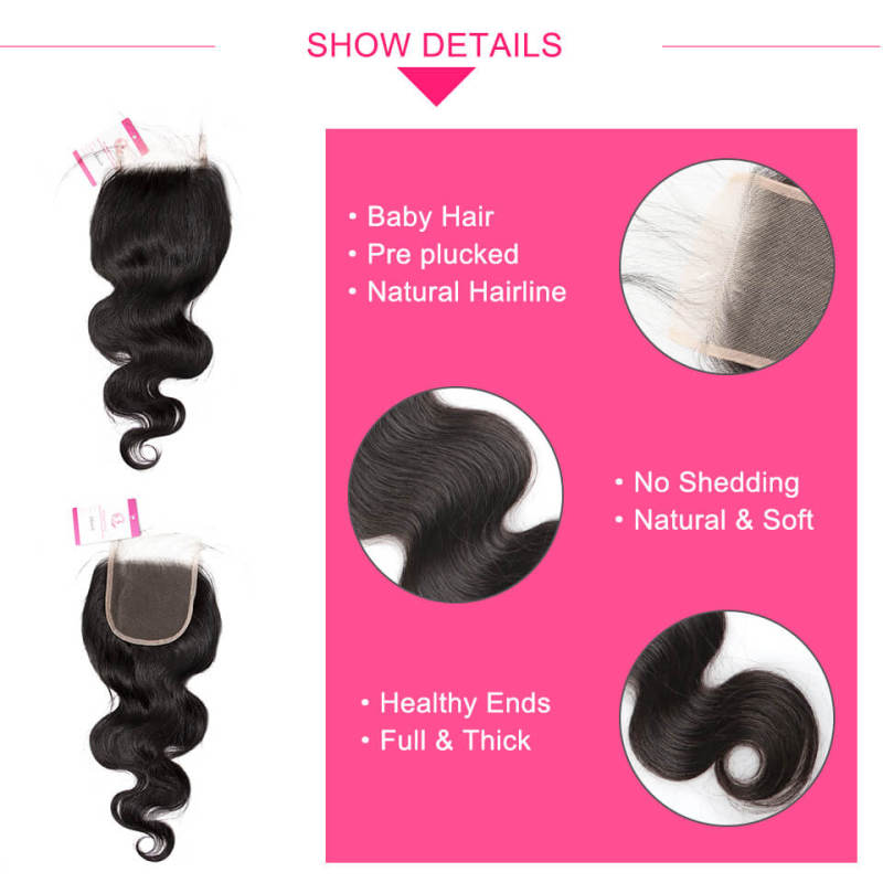 Clj Unprocessed Body Wave 4X4 Transparent Lace Closure Natural Black Cuticle Aligned Virgin Hair For Medium High Market
