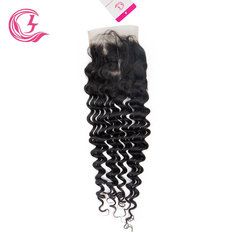 Clj Unprocessed Deep Wave 4X4 Transparent Lace Closure Natural Black Cuticle Aligned Virgin Hair For Medium High Market