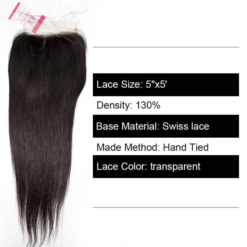 Clj Unprocessed Bone Straight 5X5 Transparent Lace Closure Natural Black Cuticle Aligned Virgin Hair For Medium High Market