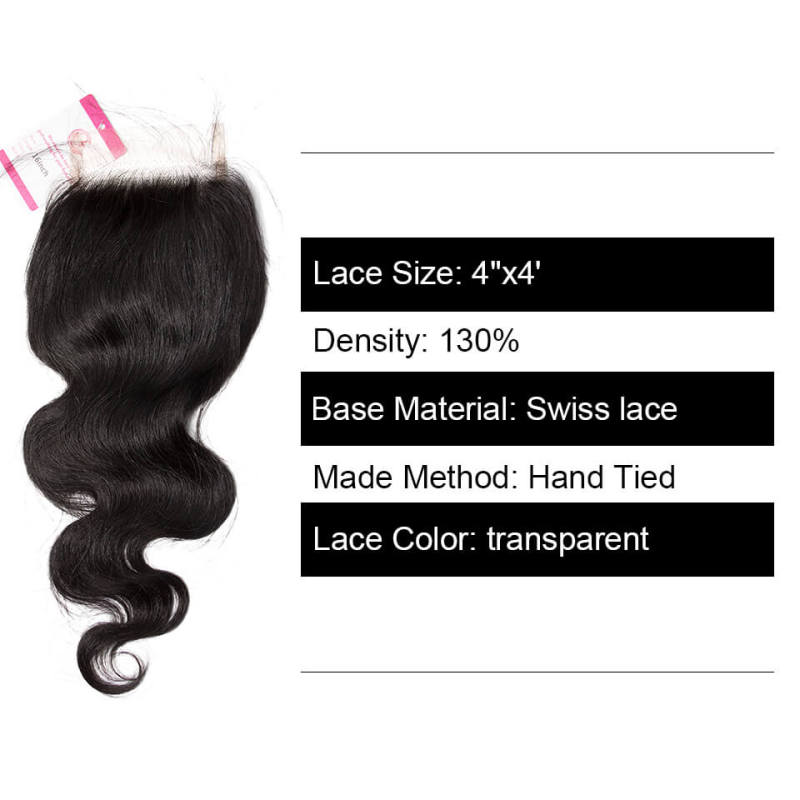 Clj Unprocessed Body Wave 4X4 Transparent Lace Closure Natural Black Cuticle Aligned Virgin Hair For Medium High Market