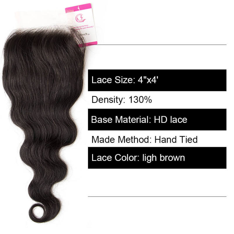 Clj Unprocessed Body Wave 4X4 Hd Lace Closure Natural Black Cuticle Aligned Virgin Hair For Medium High Market