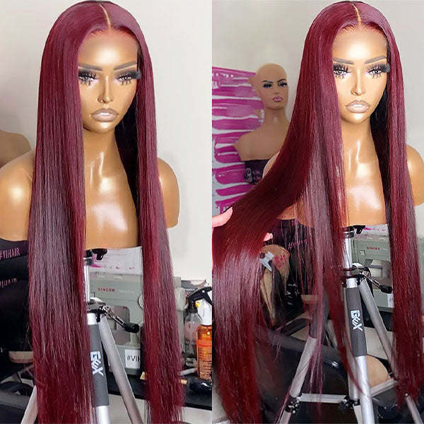 CLJHair Colored Wigs 99J Straight 13x4 Lace Front Virgin Human Hair With 150% Density