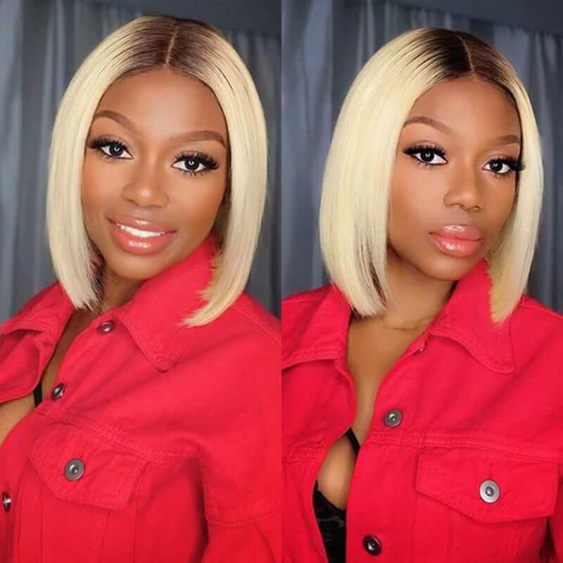 CLJHair Honey Blonde Ombre 13x4 Lace Front Straight Bob Wig With Dark Roots