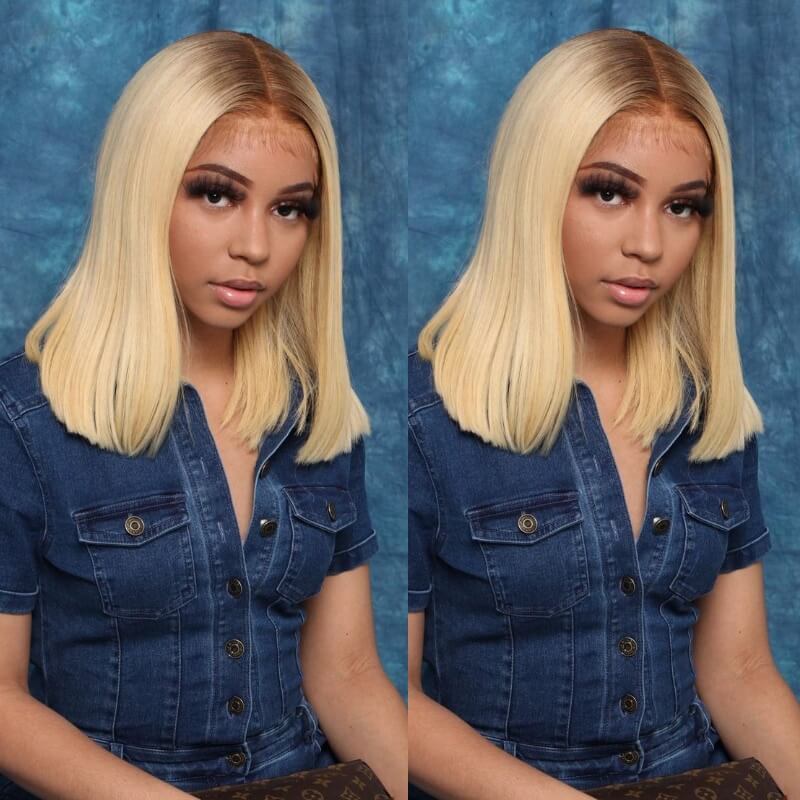 CLJHair Honey Blonde Ombre 13x4 Lace Front Straight Bob Wig With Dark Roots