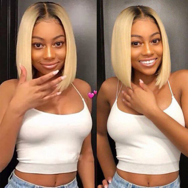 CLJHair Honey Blonde Ombre 13x4 Lace Front Straight Bob Wig With Dark Roots