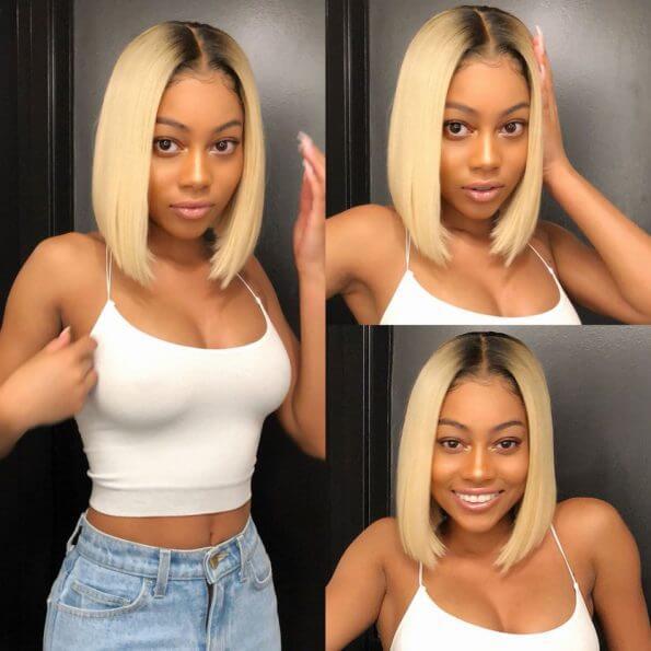 CLJHair 1B/613 Blonde Straight Short Bob Wigs With Dark Roots Human Hair