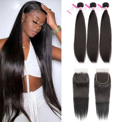 CLJHair natural black 3 bundles brazilian straight hair with closure