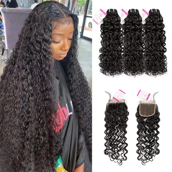 CLJHair water wave human hair 3 bundles with closure natural black