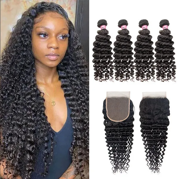 CLJHair brazilian natural virgin hair 4 bundles deep wave with closure