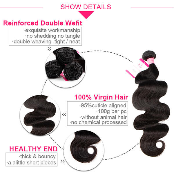 CLJHair 3 human hair body wave bundles with closure natural black