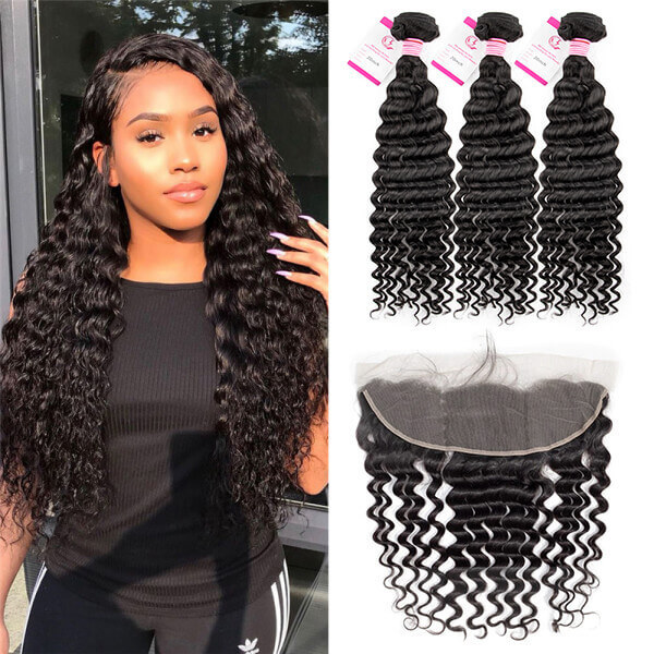 CLJHair unprocessed deep wave 3 bundle human hair with frontal