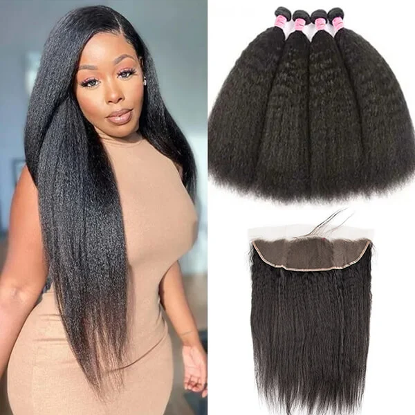 CLJHair kinky straight hair 4 bundles with frontal transparent lace
