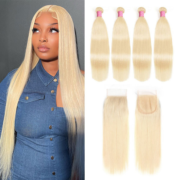 cljhair 4Pcs Straight Hair Bundles With 4x4 Lace Closure Human Hair