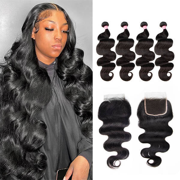 CLJHair  body wave 4x4 hd lace closure with 4 human hair bundles