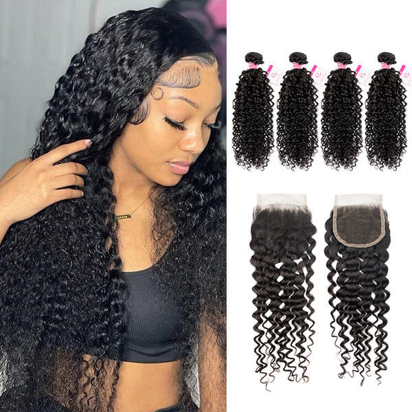 CLJHair 4 curly bundles sew in with 4x4 hd lace closure