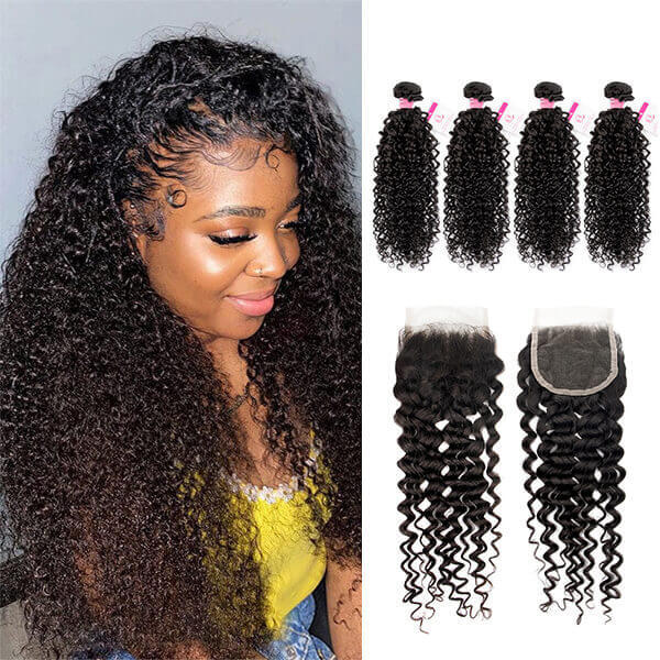 CLJHair 4 curly hair bundles with 4x4 transparent lace closure