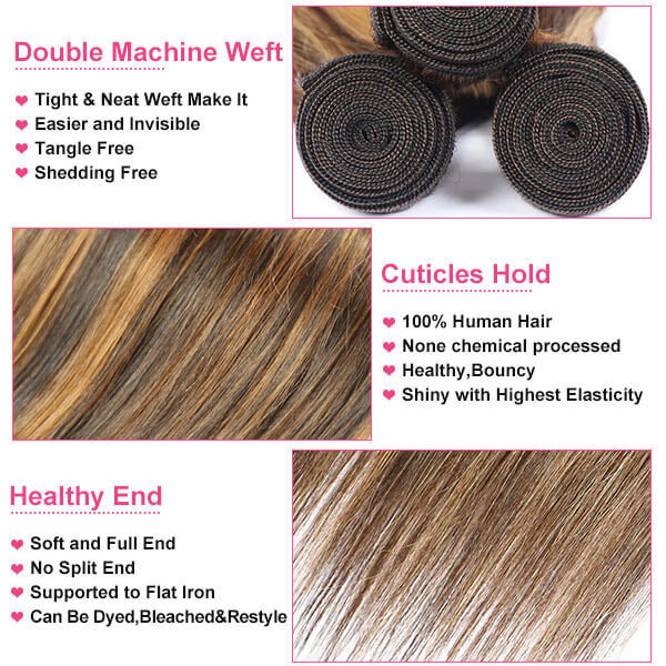 CLJHair quick weave 3pc straight human hair highlight piano color