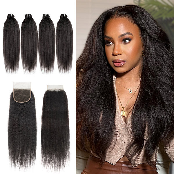 CLJHair kinky straight human hair 4 bundles and a 4x4 lace closure