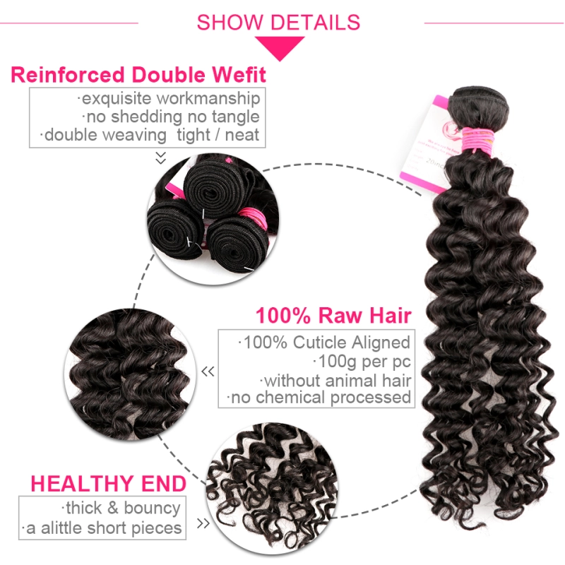 Unprocessed Raw Hair Deep Wave Bundle Natural black color 100g With Double Weft