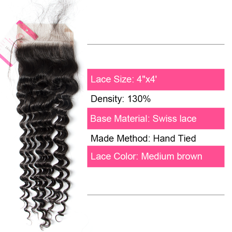 Unprocessed Raw Hair Deep Wave 4x4 Closure Natural Color Medium Brown 130 density