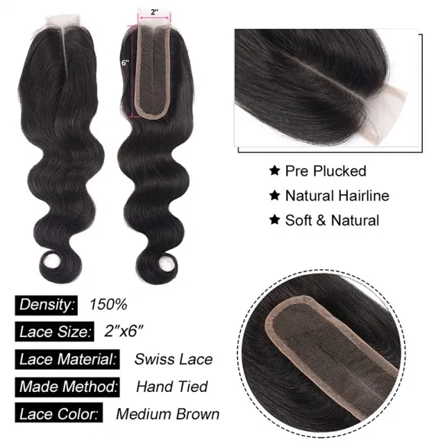 Cljhair【2x6 Closure+ 3PCS】Hair Bundles 3 PCS With 2*6 Lace Closure And Body Wave Hair