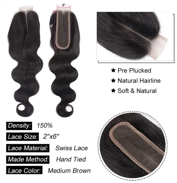 Cljhair Body Wave Hair 2*6 Lace HD/ Transparent Closure Middle/Free/Three Part Natural Color Human Hair