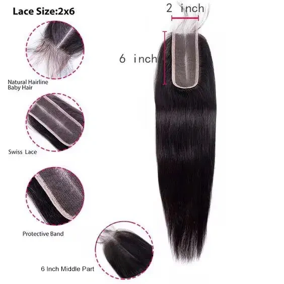 Cljhair 2x6 Straight Kim K Transparent Lace Closure Virgin Human Hair Natural Color