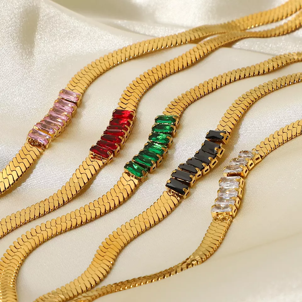 Rectangle Colorful Zircon Snake Chain Stainless Steel Necklace