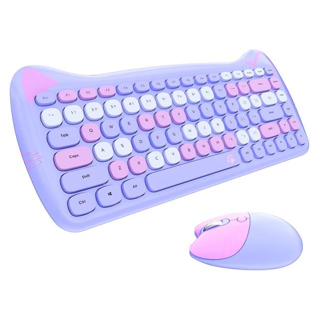 Cut Cat 2.4G Wireless Ergonomics Keyboard Set Mixed Candy Color Keycap Keyboard and Mouse Comb for Laptop Notebook PC Girls Gift