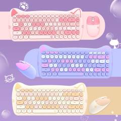 Cut Cat 2.4G Wireless Ergonomics Keyboard Set Mixed Candy Color Keycap Keyboard and Mouse Comb for Laptop Notebook PC Girls Gift