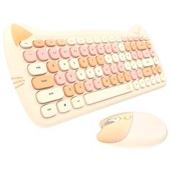 Cut Cat 2.4G Wireless Ergonomics Keyboard Set Mixed Candy Color Keycap Keyboard and Mouse Comb for Laptop Notebook PC Girls Gift