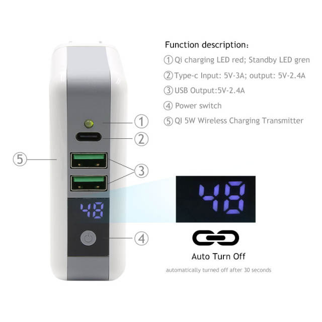 Serial charging  dual USB output Type-c + wall charging battery digital display screen wireless power bank