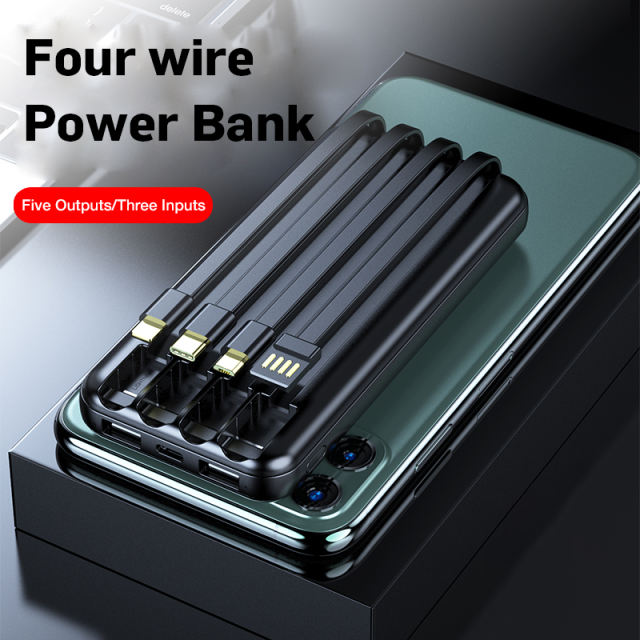 Factory price power banks 4 Output 1 Input built in cable multi-colors 10000mah power bank