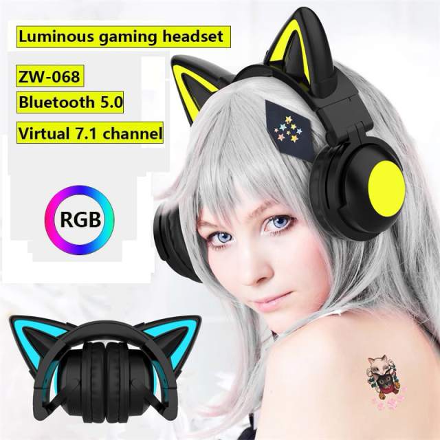 Cat Ear Wireless Bluetooth Headphones 7.1 Channel Stereo Music Game Earphone with Bilateral Mic Noise Reduction Headsets Earbuds