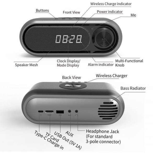 Universal Wireless Charger for Mobile Phone Alarm Clock Bluetooth Speaker LED Display with Card/Radio/AUX Phones Charging Pad