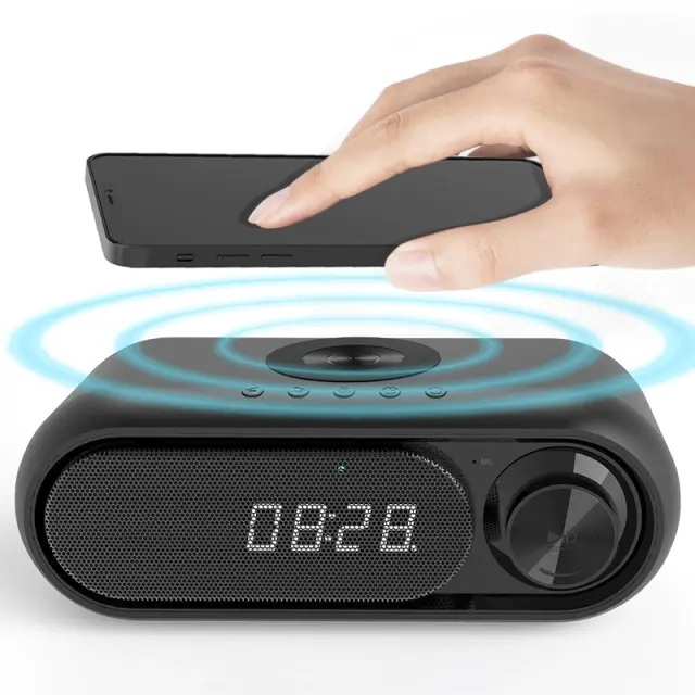 Universal Wireless Charger for Mobile Phone Alarm Clock Bluetooth Speaker LED Display with Card/Radio/AUX Phones Charging Pad