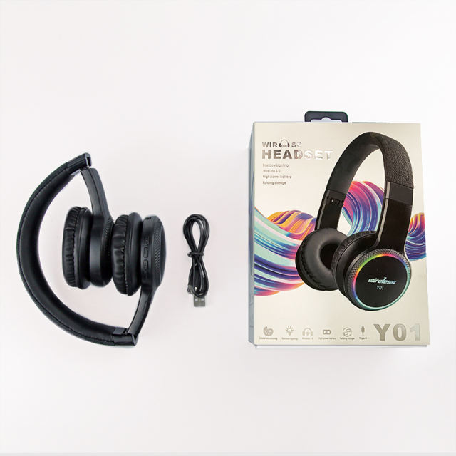 Y01 Wireless Over Ear Headphones Rainbow Lighting Sport Handsfree Earphones Foldable Gaming Headset Earbuds with Microphone