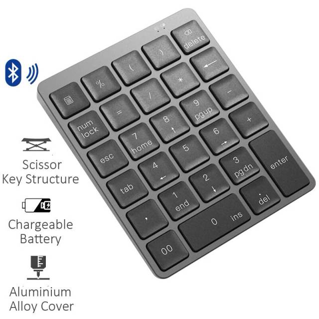Bluetooth Numeric Keypad Protable Aluminium Alloy Wireless 28 Keys Keyboard Cover for MacBook Ipad Android Windows Phone Tablet